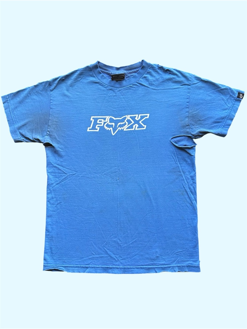 Y2K Fox Racing Motocross Spellout Graphic Tee Thrashed Distressed Blue Medium